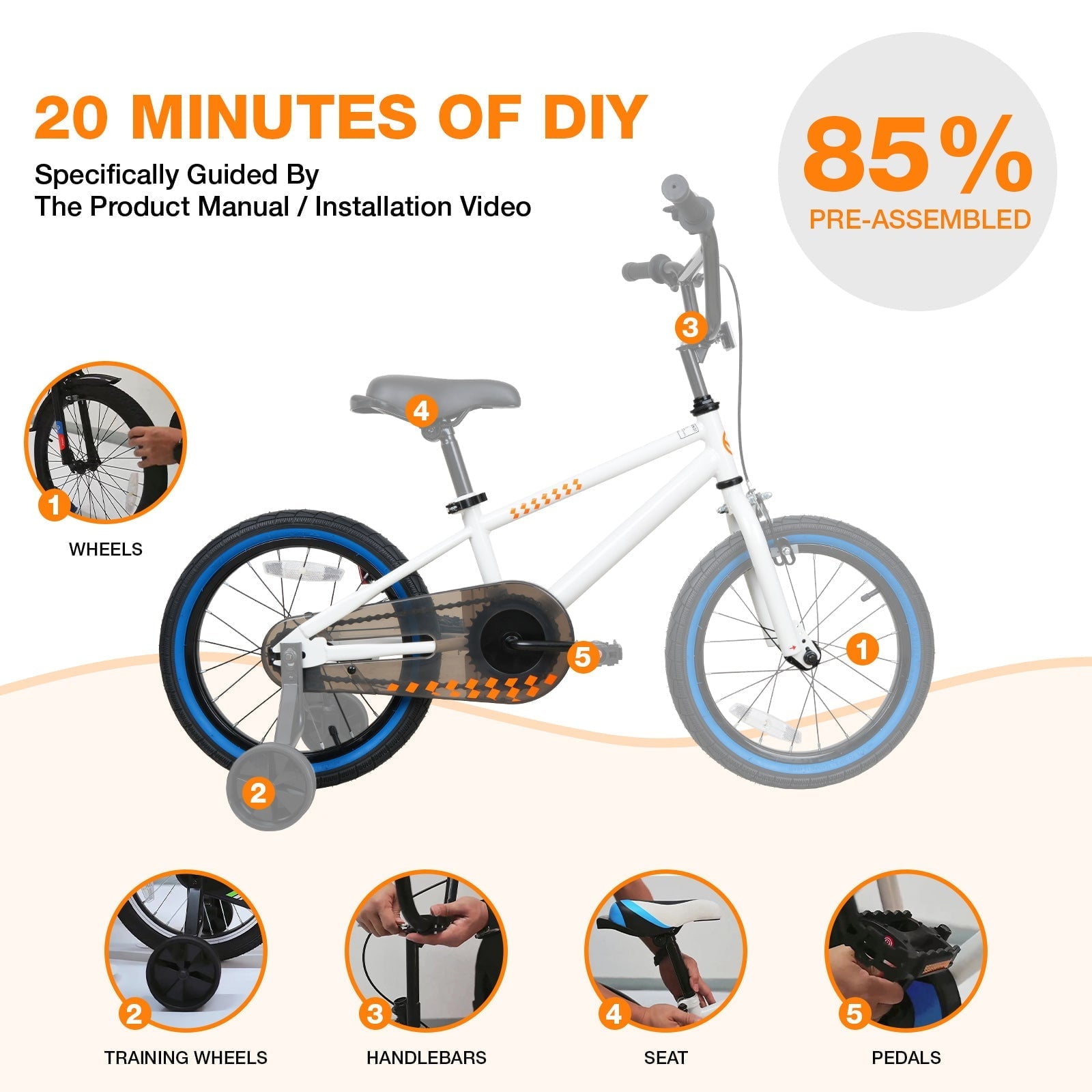 Hykolity Kids Bike Boy Girl Bicycle 16 inch for Children Age 4-6 Height 38-48 Child Sport Bike BMX Handbar includes Training Wheel White