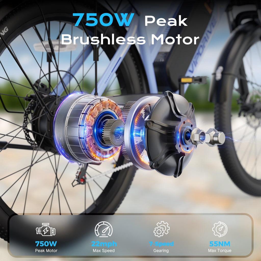 VIPDRIVE 26 Electric Bicycle for Adults & Women, Peak 750W Motor E-Bikes, 48V 7.8Ah Battery, 7-Speed, City Cruiser E-Bike, LCD Display, 50 Mi Range（UL2849）