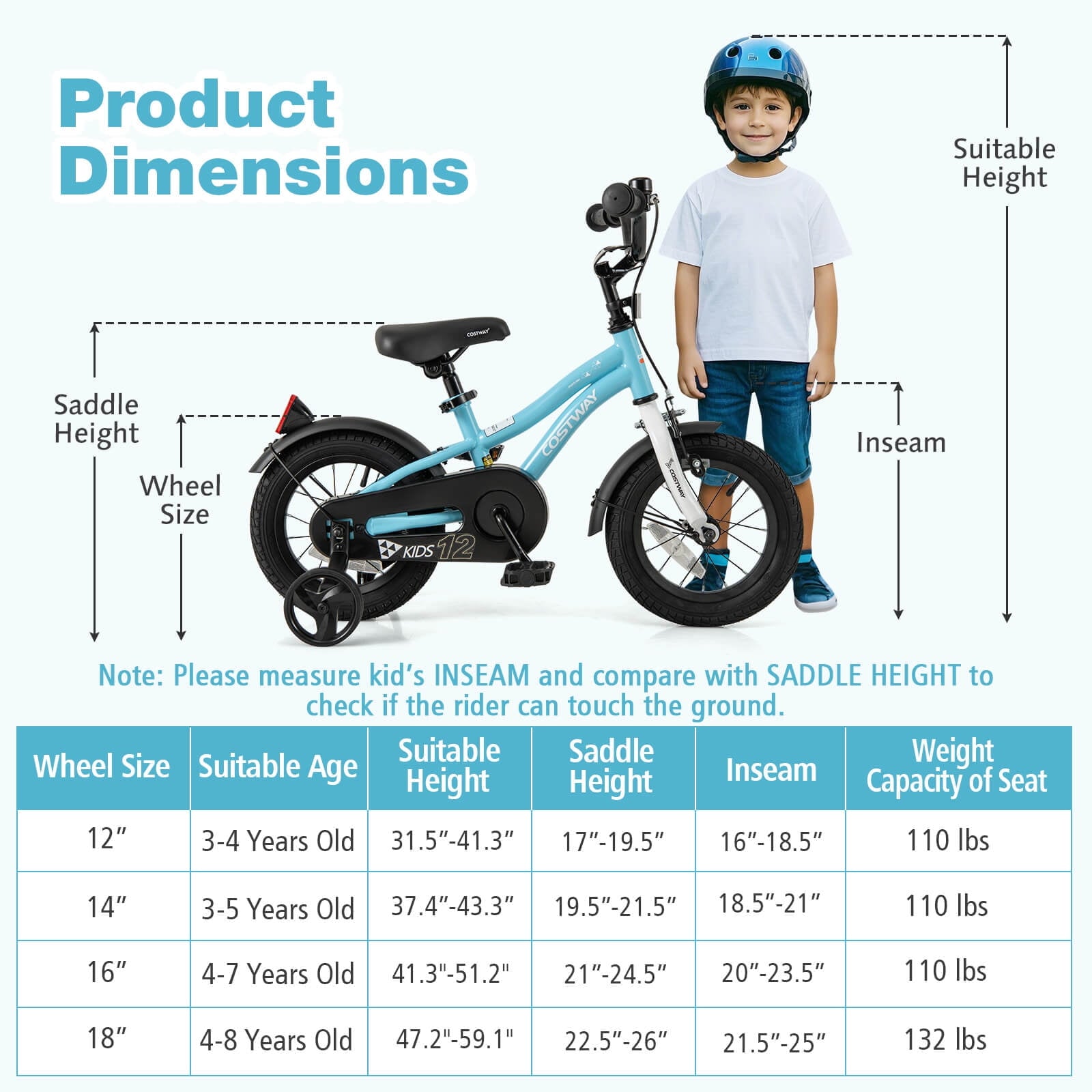 Costway 12 Kids Bike for 3-4 Years Old Boys & Girls with Adjustable Seat Handbrake Reflectors Blue