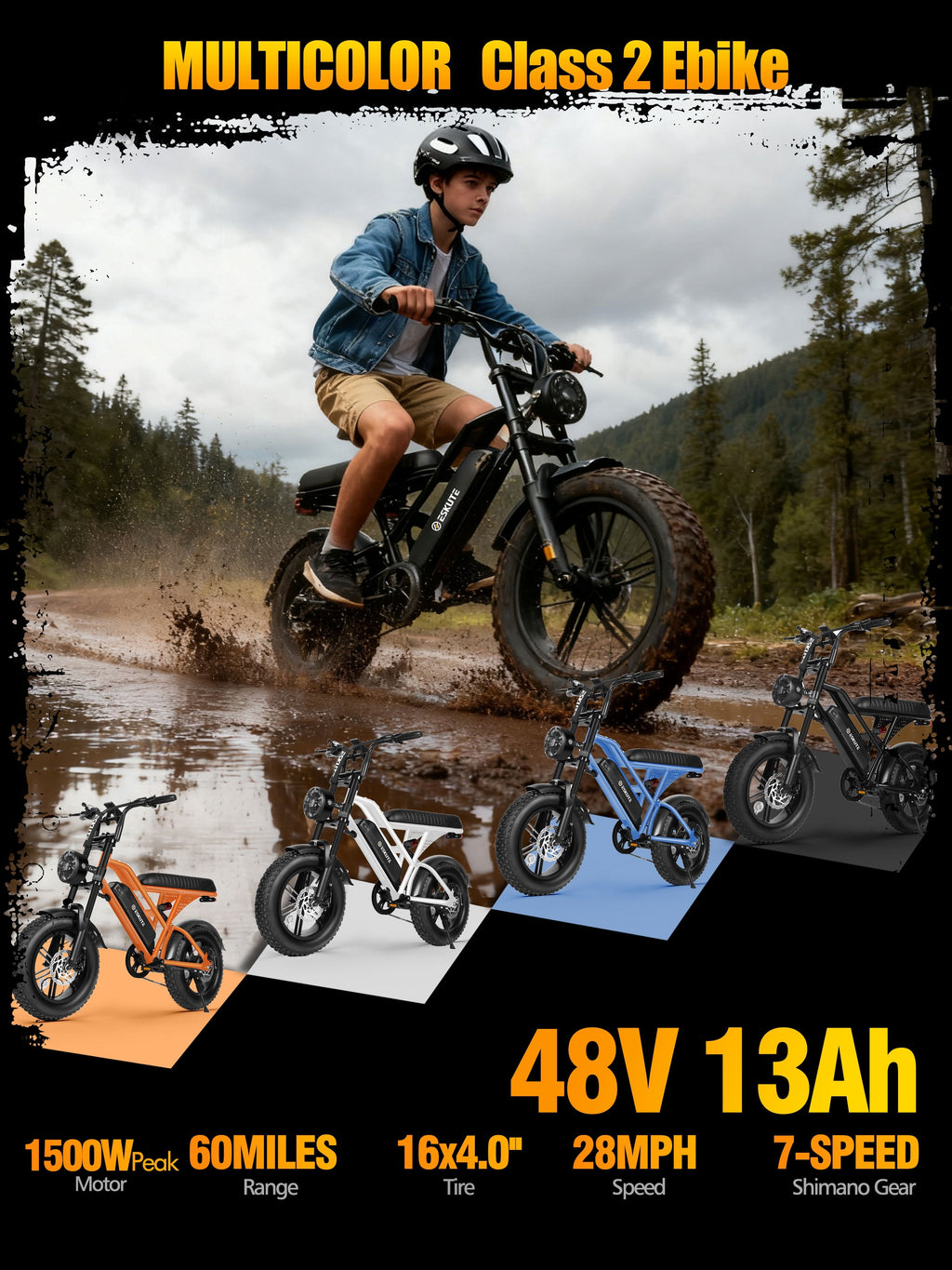 ESKUTE V100 Electric Bike for Teens Adults, 750W Peak 1500W 28 Mph 48V 13 Ah,16x4.0 Fat Tire E Bicycle, 7-Speed E-Bike with Dual Suspension, UL2849