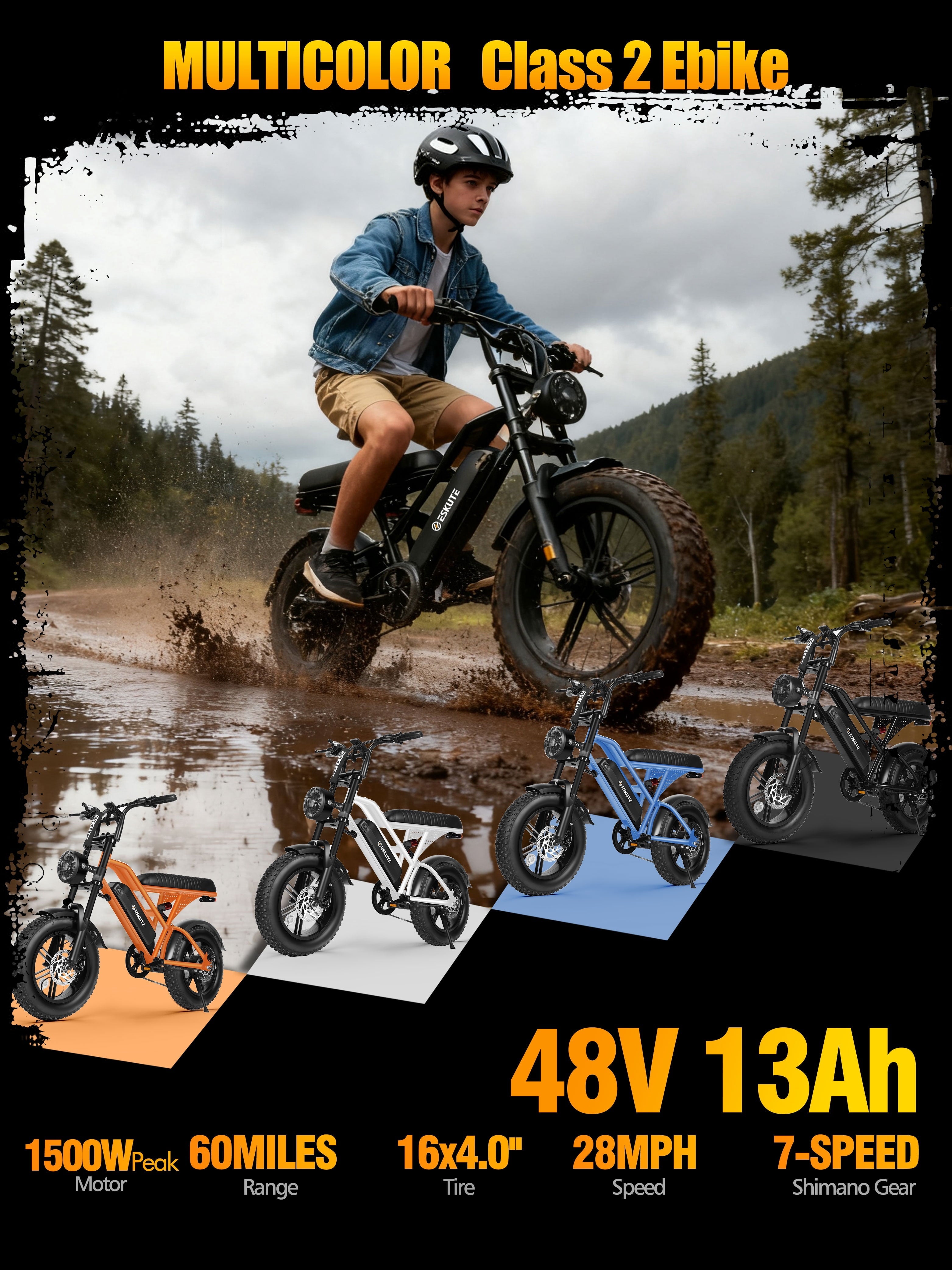 ESKUTE V100 Electric Bike for Teens Adults, 750W Peak 1500W 28 Mph 48V 13 Ah,16x4.0 Fat Tire E Bicycle, 7-Speed E-Bike with Dual Suspension, UL2849