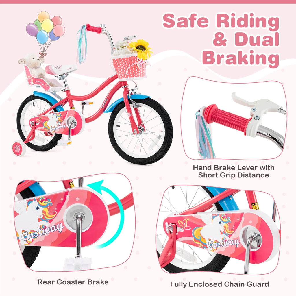 Costway 18 Inches Kids Bicycle with Training Wheels & Basket for Girls Age 4-8 Years Pink