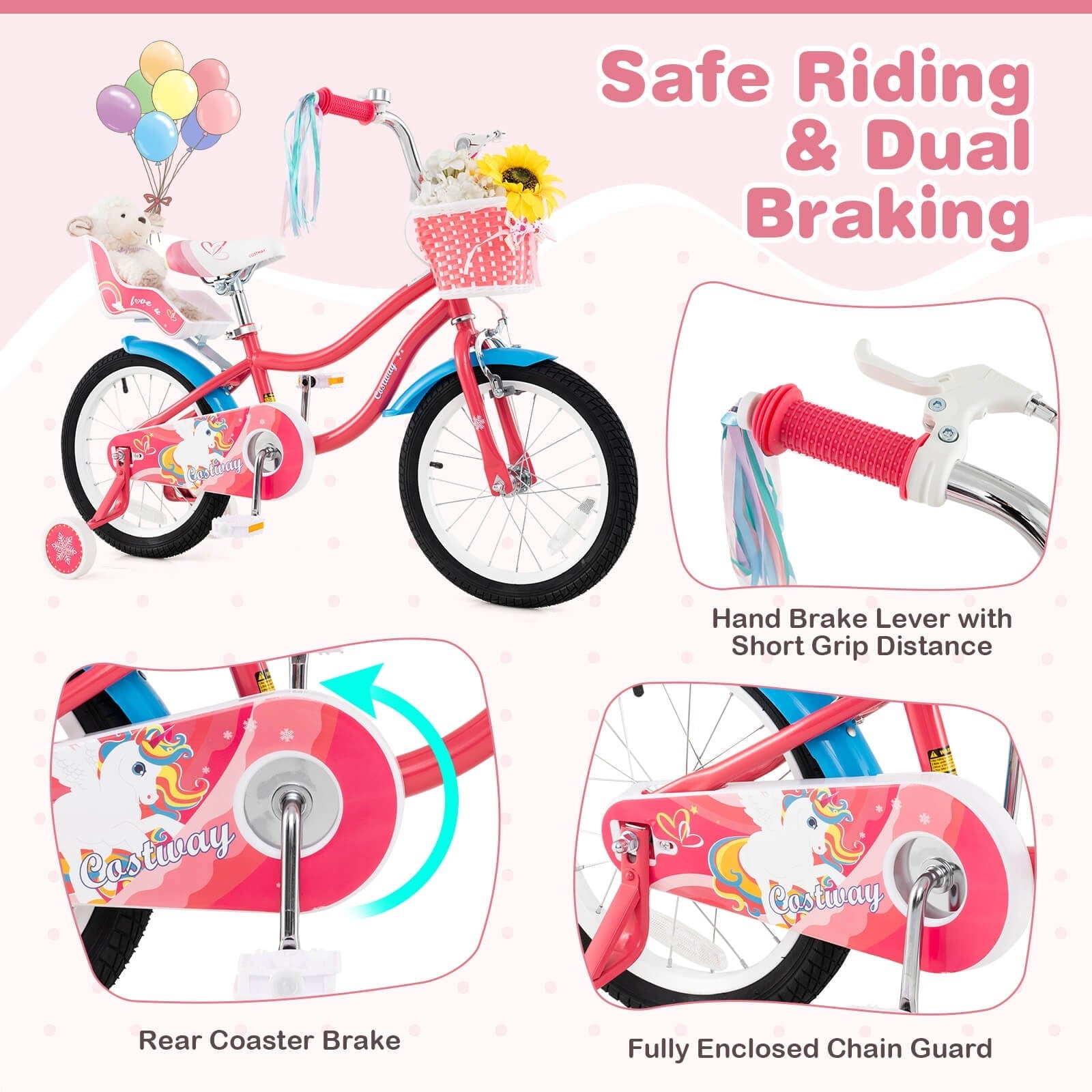 Costway 18 Inches Kids Bicycle with Training Wheels & Basket for Girls Age 4-8 Years Pink