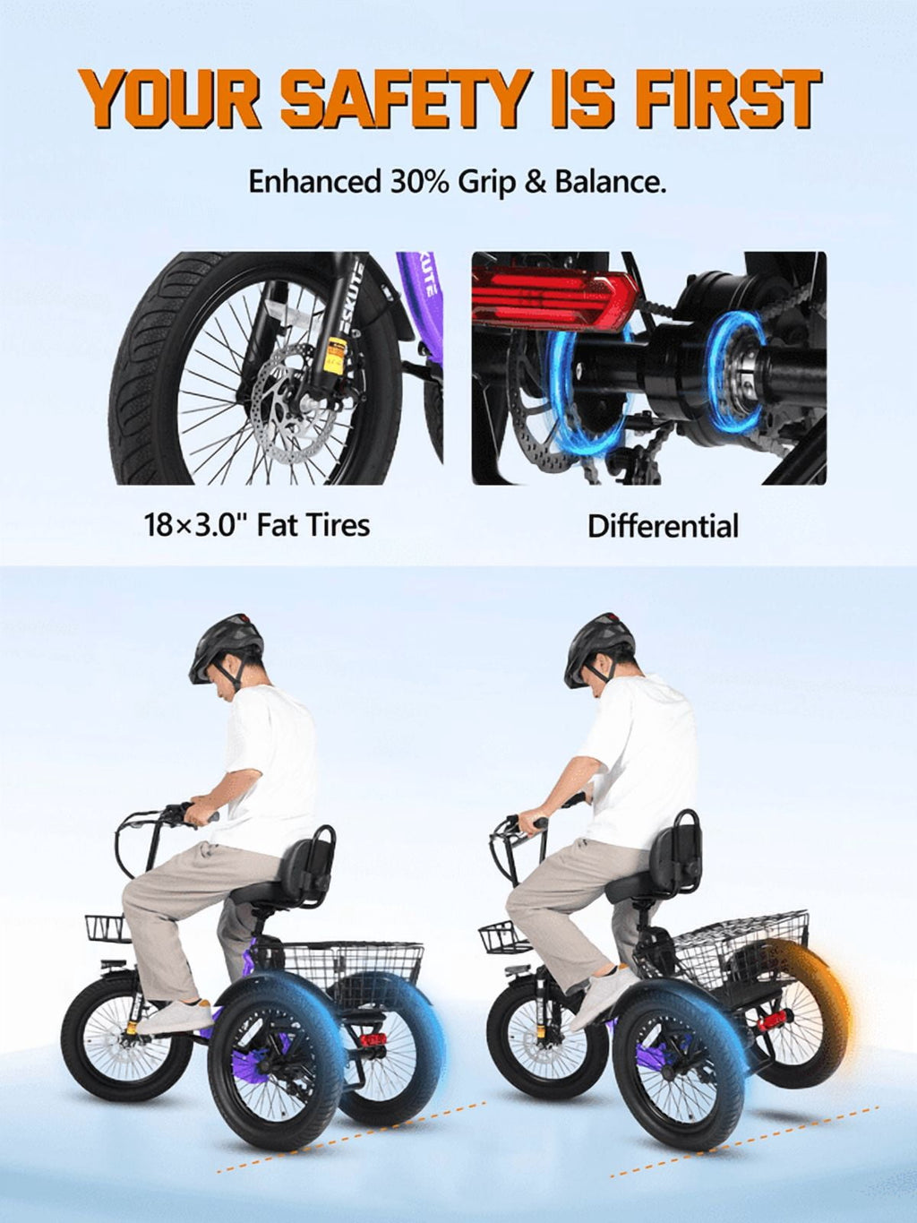 ESKUTE Electric Tricycle for Adults, 1200W Peak Motor, Up to 55 Miles Range, 624Wh Removable Battery, Folding 3-Wheel Ebike with 18x3.0 Fat Tires, Step-Through Red, UL2849