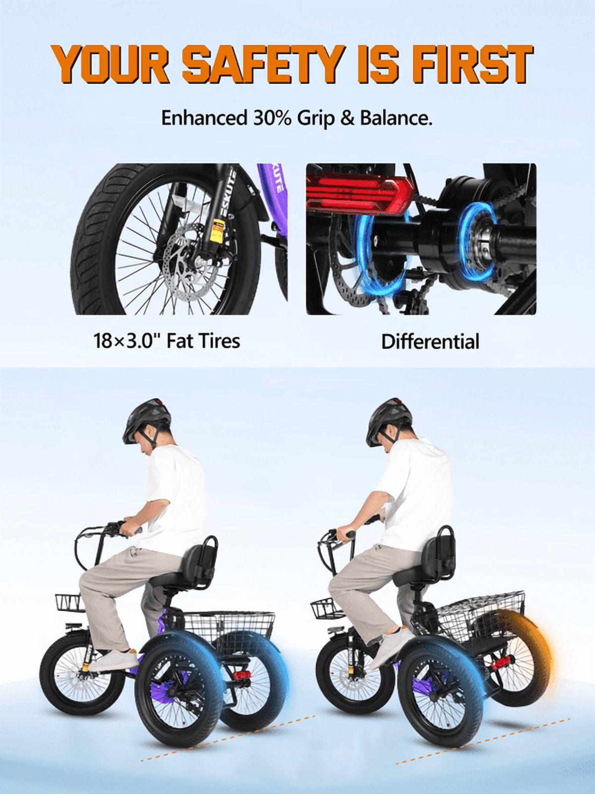 ESKUTE Electric Tricycle for Adults, 1200W Peak Motor, Up to 55 Miles Range, 624Wh Removable Battery, Folding 3-Wheel Ebike with 18x3.0 Fat Tires, Step-Through Red, UL2849