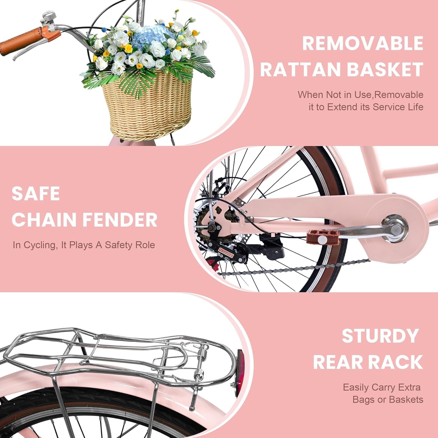 24 Beach Cruisers for Women, Pipleo Bikes for Women with Rattan Basket, 7-Speed & Step-Through Frame