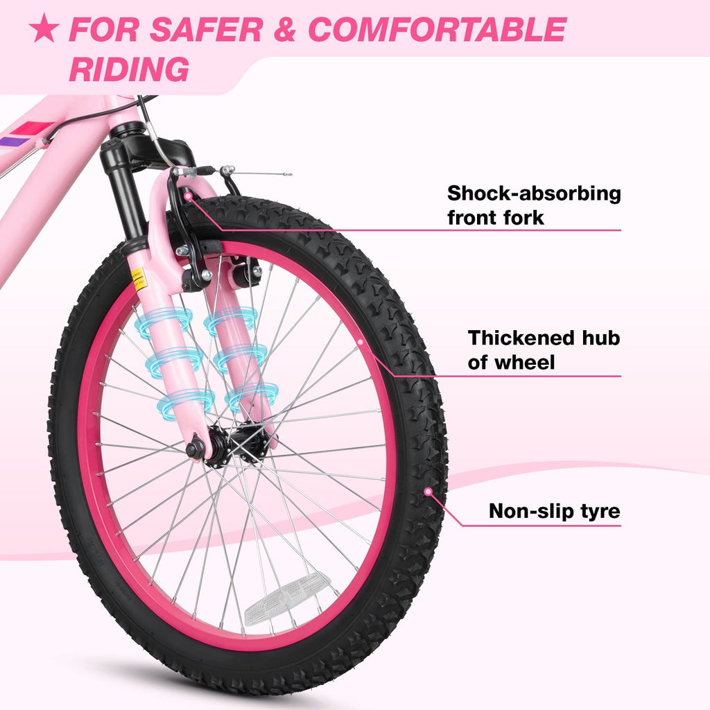 Hykolity 20 inch Kids Mountain Bike, 6 Speed Kid Bicycle Age 6-11 Year Old with Front Suspension Fork, Adjustable Seat Height, Pink