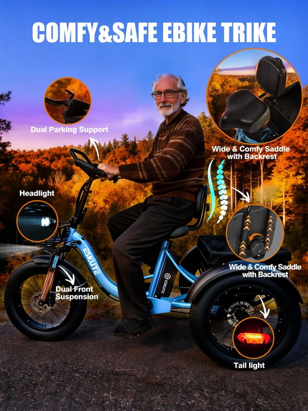ESKUTE T300 Pro Electric Tricycle for Adults, E Trike, 1200W Peak Motor, 998.4Wh Battery, 20 x 4.0 Fat Tires, Foldable 3 Wheel Electric Bike, Stable Ride for Seniors & Parents Black, UL2849
