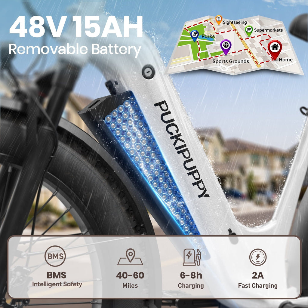 PUCKIPUPPY 960W Peak Electric Bike for Adults Step Through E-Bike 28mph Max Speed 60Miles Range 26 Fat Tire Electric Mountain Bike 48V 15AH Battery 7 Speed off-Road Ebike, Comply with UL2849 By SGS