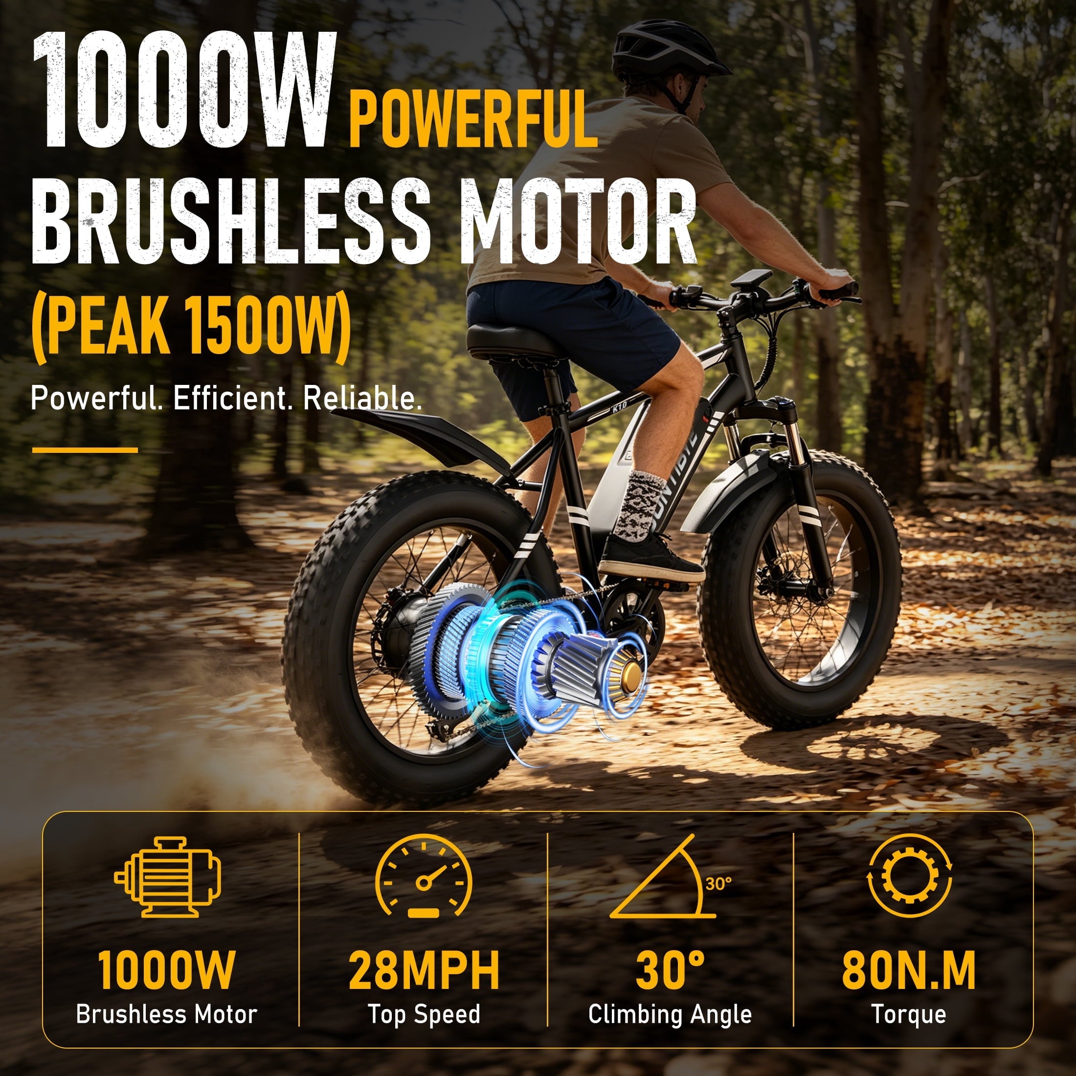 AMYET 1000W Electric Bike, 20 Fat Tire Ebike 28MPH 48V 15Ah E-Mountain Bicycles UL2849 Black