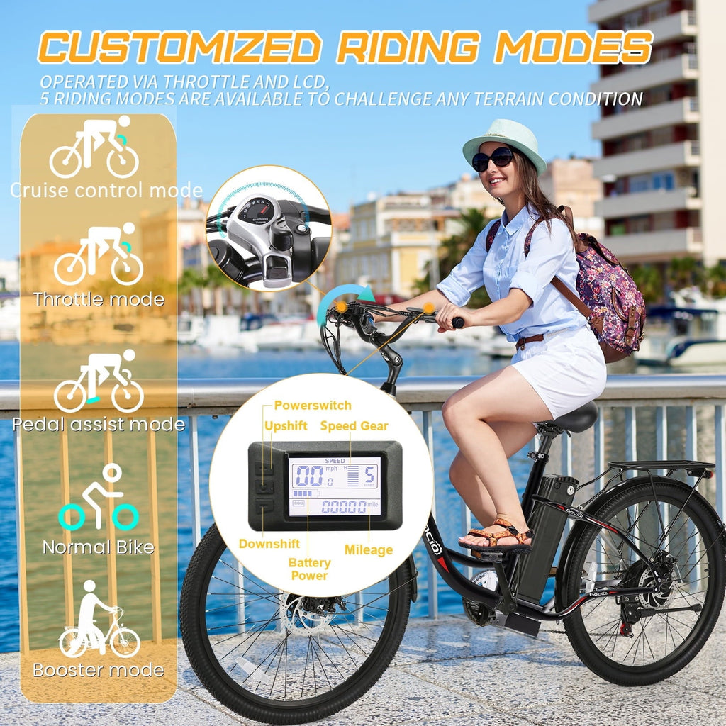 Gocio 26 Electric Bike for Adults, 750W Peak Motor Commuter E-Bike, 48V 7.8Ah Battery, 7-Speed, UL2849