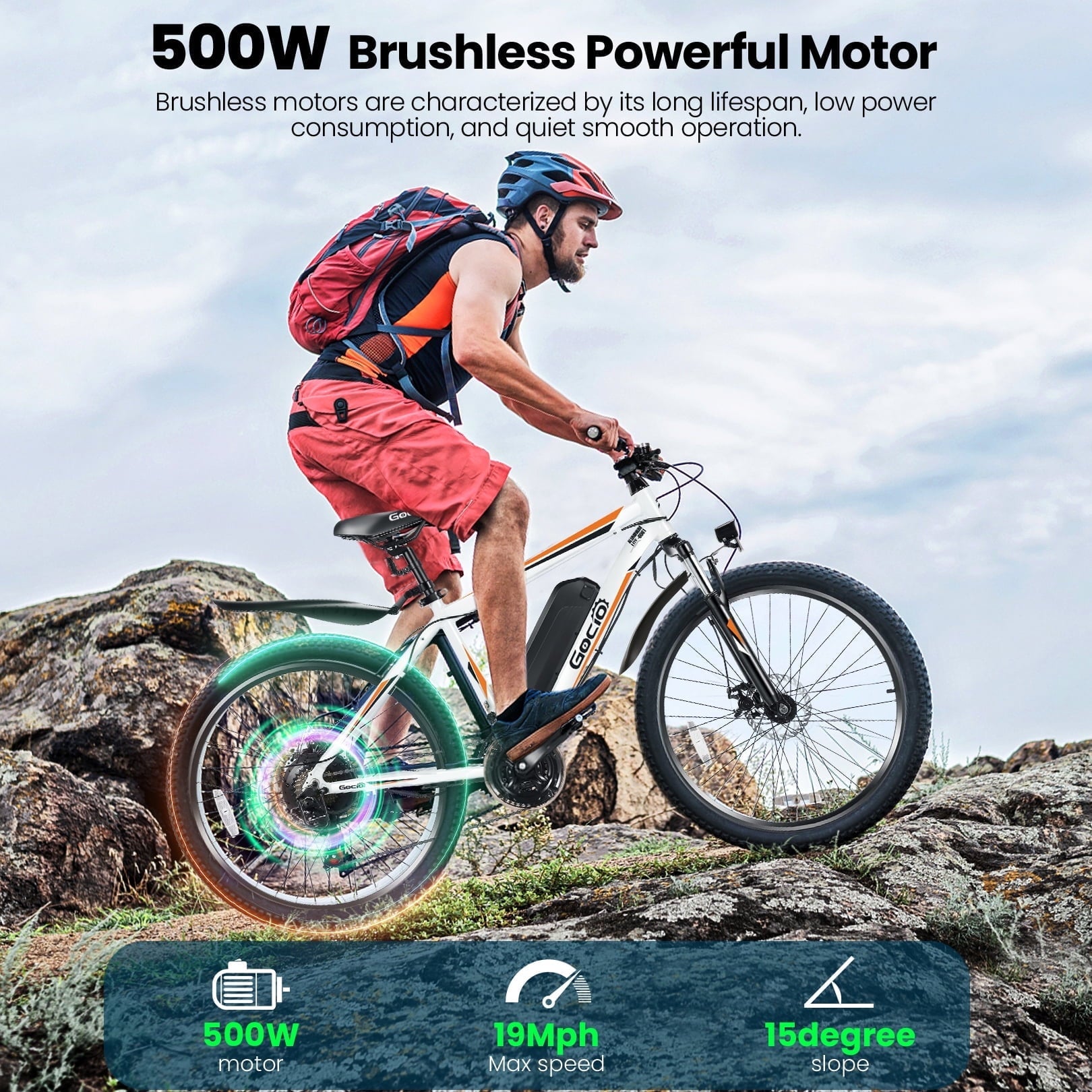 Gocio Peak 750W Electric Bike 26 Electric Bicycle for Adults Max 19.8mph Cruise Control System Ebike, 48V 375Wh Mountain Bike, 21 Speed for Man Woman UL2849 Certified
