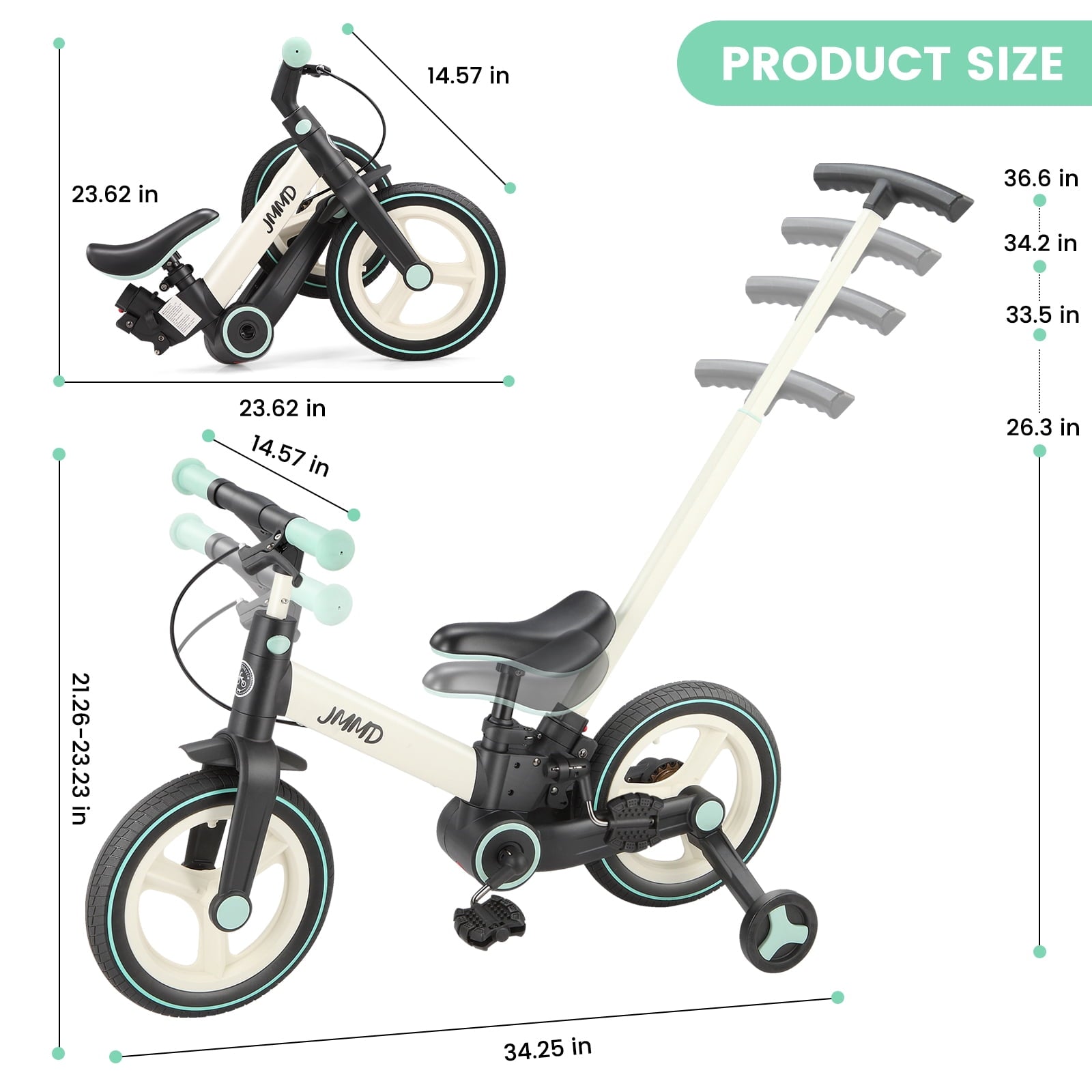 JMMD Toddler Bike with Push Handle for Kid 18-60 Months, 6 in 1 Foldable Tricycle with Training Wheel, Pedals, Kid Balance Bike for Boy & Girl, Black