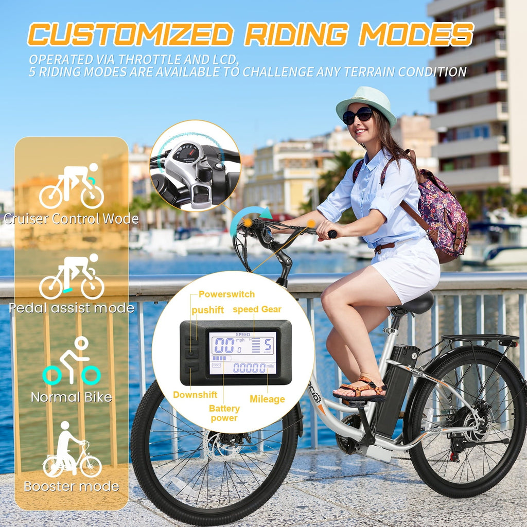 Gocio 26 Electric Bike for Adults, 500W Motor, City Commuter E-Bike, 48V 7.8Ah Removable Battery, Max 19.8Mph, 7 Speed, UL2849