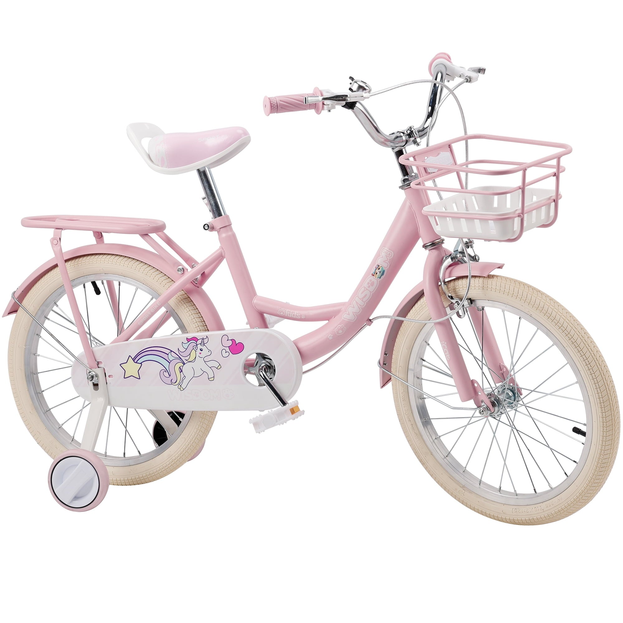 16/18 Inch Bike Kids Bicycle with Basket, Girls Bikes Ages 5-10, Kids Bicycles with Front and Rear Brakes, Kid Bike with Training Wheels, Kickstand, Rear Seat