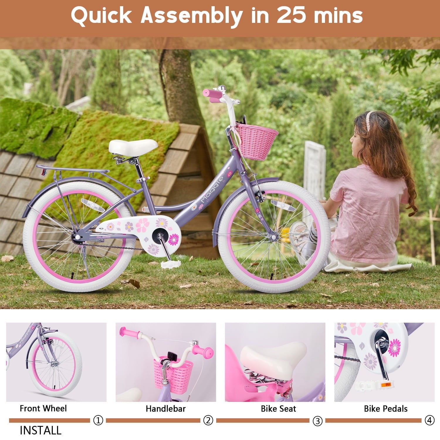 Glerc Maggie 14 inch Kids Girls Bike for Ages 3-5 Years Old Children, Princess Style Kids Bicycle with Doll-Seat & Basket & Training Wheels, Pink