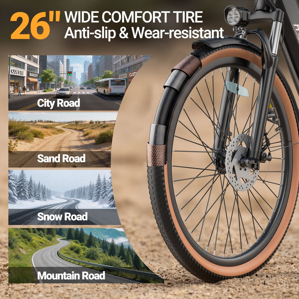 HQYEX HQ26 Electric Bike, 26 Inch Tire 1500W Powerful Brushless Motor Ebike, 48V 11AH Removable Rechargeable Battery, 7-Speed Gear Shift Electric Bicycle, Comfortable City Commuter E Bike for Adults