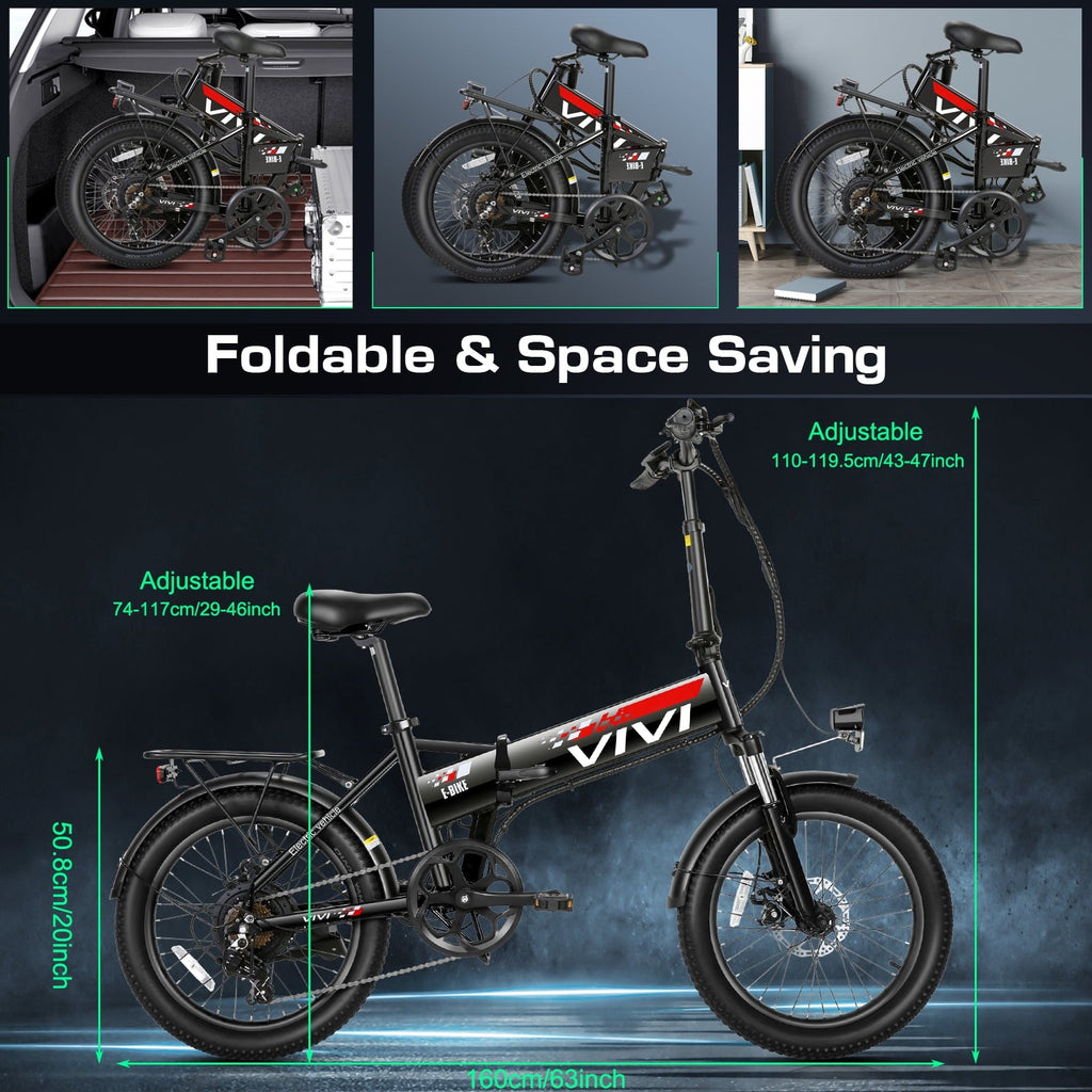 Vivi Electric Bike for Adults 20 x 2.4 Folding Electric Bike 48V 500W Electric Bike Commuter Bike 19.8MPH Suspension Fork Electric Bike with Cruise Control, UL2849 Certified