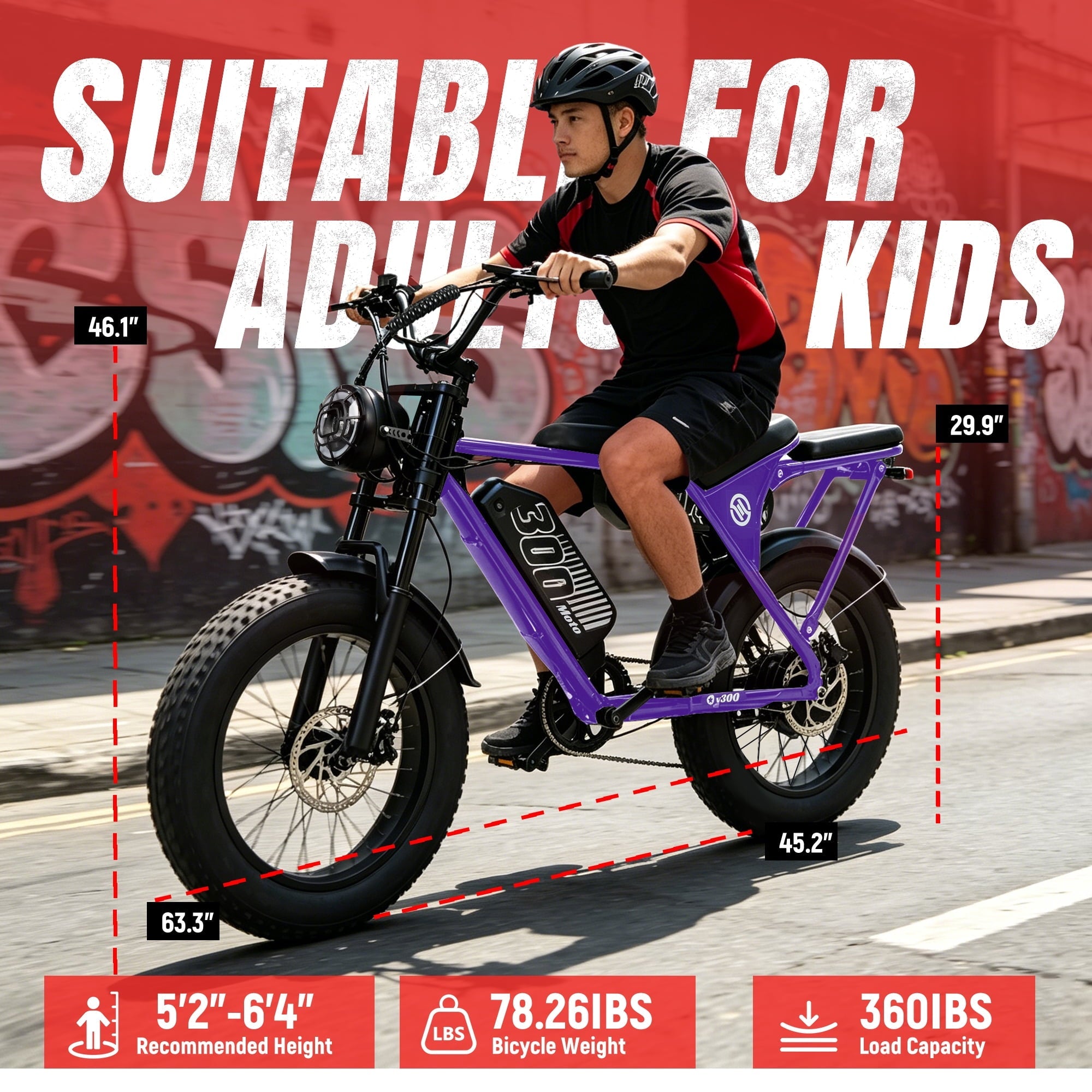 ESKUTE V300D Ebike for Adults, Up to 30MPH Electric Bicycle, Peak 1500W Motor, 48V 41.6AH Removable Battery, 20 x 4.0 Fat Tire E-Bike, Full Suspension, 7-Speed for All Terrain Purple, UL2849