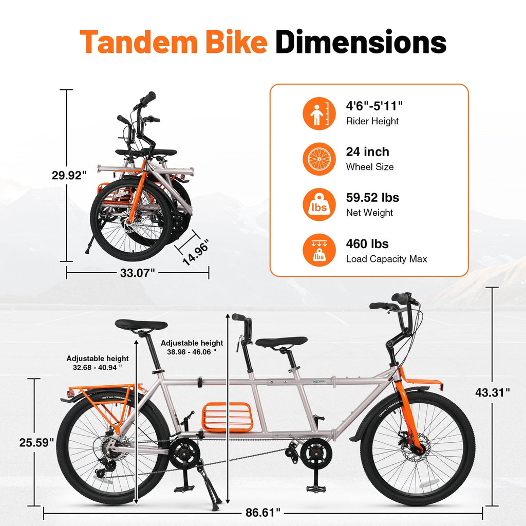Meghna Tandem Bike 24 inches 4-Fold 2-Seater 6 speed Folding Tandem Dual Disc Brake for Adult Beach Cruiser Silver