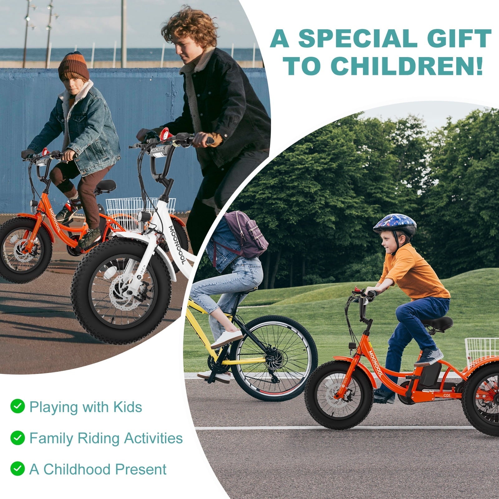 MOONCOOL Electric Tricycle for Kids ,16x3 3 Wheel 250W 10.4Ah Etrike W/ LED headlight & Rear Basket & horn bell & DIY stickers .6/9/12.5 MPH