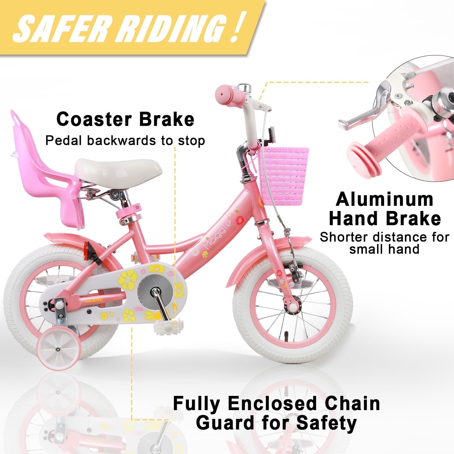 Glerc Maggie 14 inch Kids Girls Bike for Ages 3-5 Years Old Children, Princess Style Kids Bicycle with Doll-Seat & Basket & Training Wheels, Pink