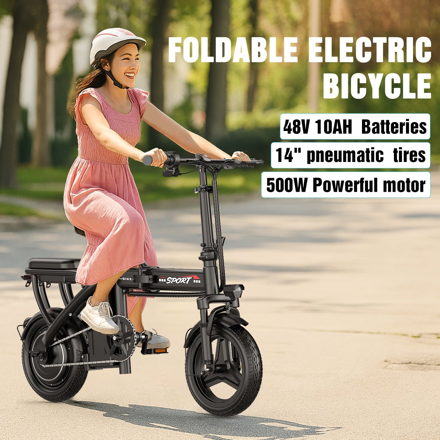 GWEIT Electric Bike for Adults,1000W Peak Folding Electric Bike, 40-Mile Range, 14-Inch Tire E-Bike with 48V 10Ah Removable Battery, Electric Mini Bike