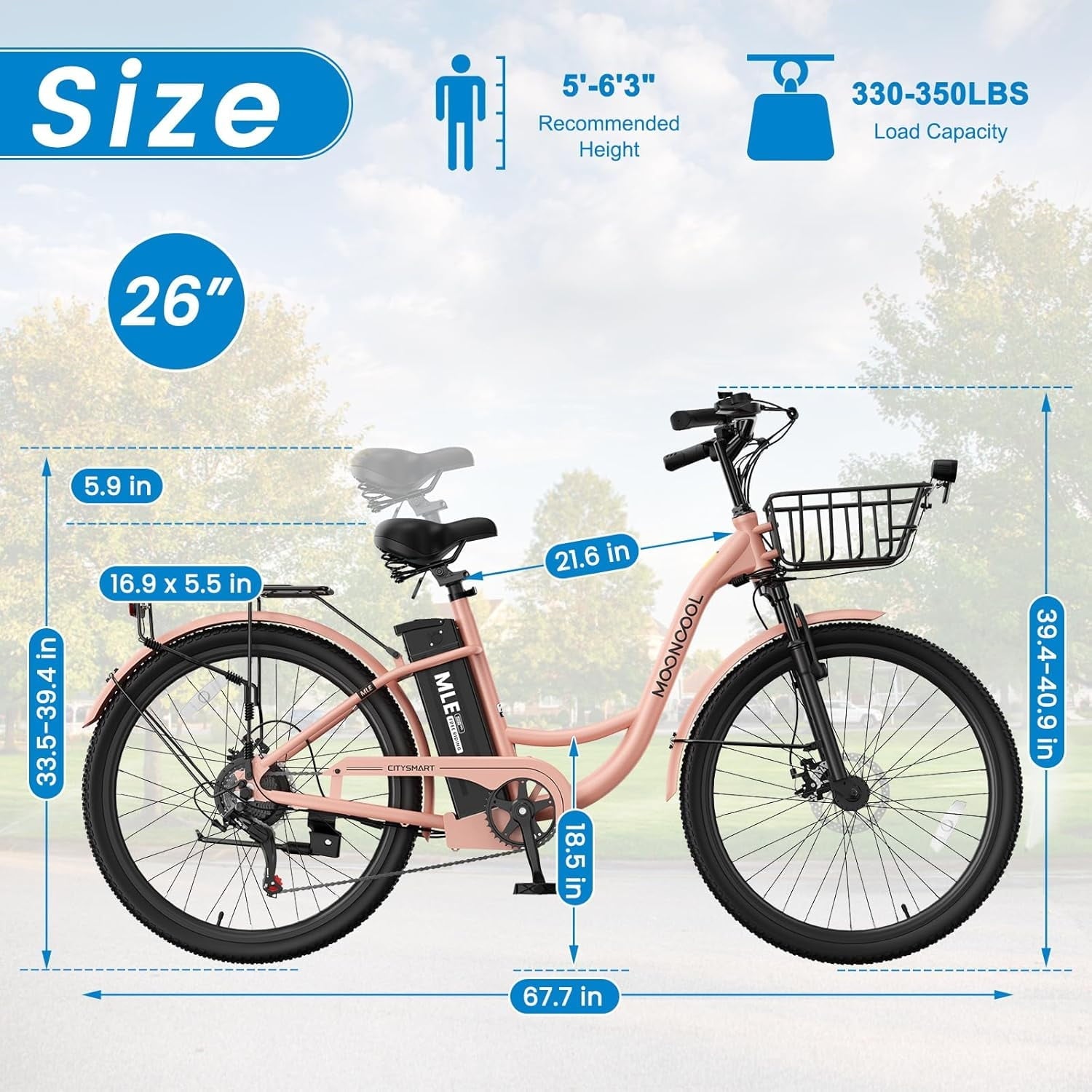 MOONCOOL Electric Bicycle for Adults 350W , 7-Speed Ebike with 36V 10.4Ah Removable Battery . 40 Miles Range , 20 mph Electric Commuter Bike for Women Men