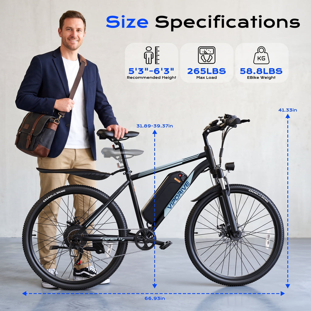 VIPDRIVE Electric Bike for Adults, 26'' 750W Peak Ebike, 48V 7.8AH Removable Battery .Up to 40 Miles 20MPH Electric Mountain Bike .Front Fork Suspension .UL2849