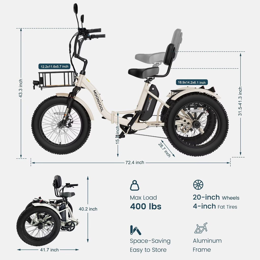 MOONCOOL Folding Electric Tricycle for Adults, 20 x 4 Fat Tire Electric Trike, 48V Peak 1092W  Electric Bicycle, 3 Wheels 7 Speed Ebike w/ 14.5Ah Removable Battery& Speed Differential Mechanism