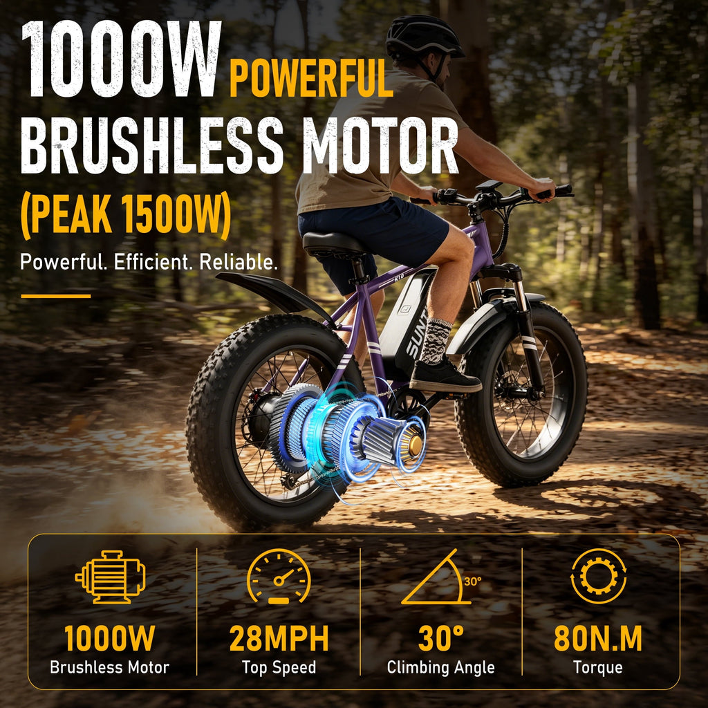 SUNTIBYE K10 Electric Bike 1000W, 48V 15Ah, 20 Fat Tire Ebike, 28MPH, E-Mountain Bike UL2849,Black