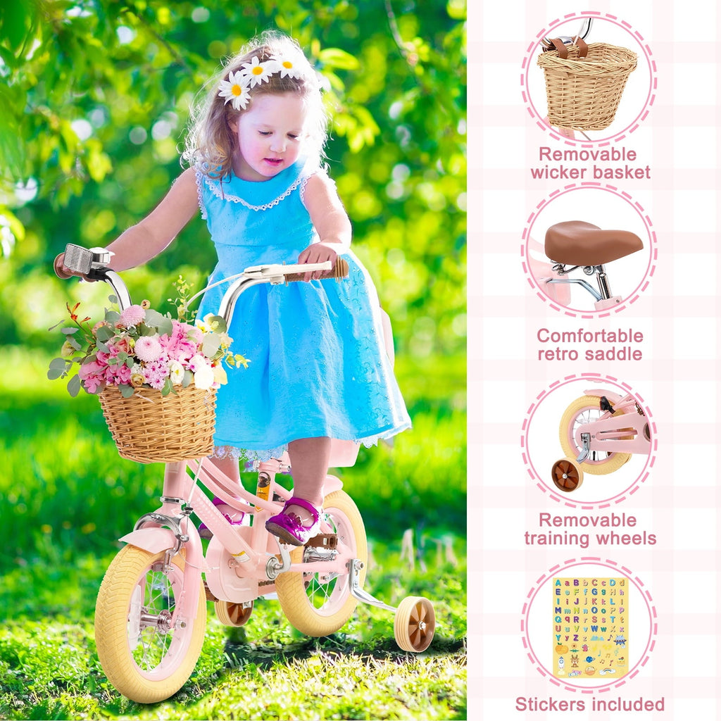 KORIMEFA Girl Bike for Toddlers and Kids Ages 3-6 Years Old, 12 inch Kids Bike with Training Wheels & Basket, 12 in Girl Bicycle with Handbrake & Kickstand
