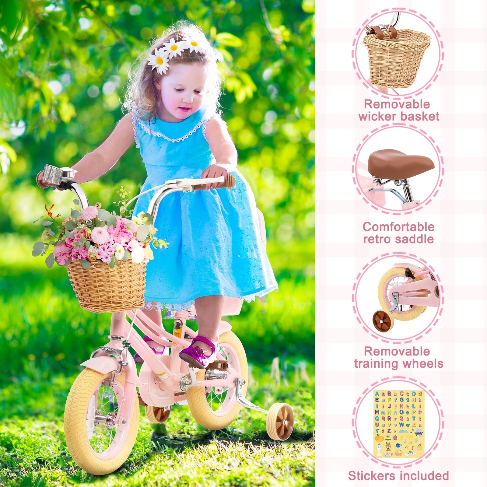 KORIMEFA Girl Bike for Toddlers and Kids Ages 3-6 Years Old, 12 inch Kids Bike with Training Wheels & Basket, 12 in Girl Bicycle with Handbrake & Kickstand