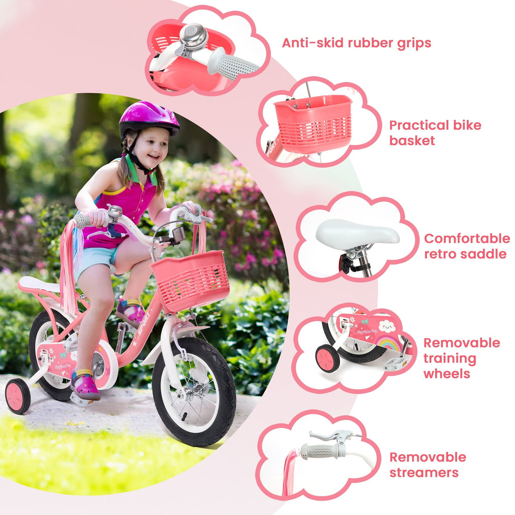 Naipo 12 Inch Kids Bike Boys Girls, Kid's Bikes with Training Wheels, Children Bicycle for Kids and Toddler Gift, Pink