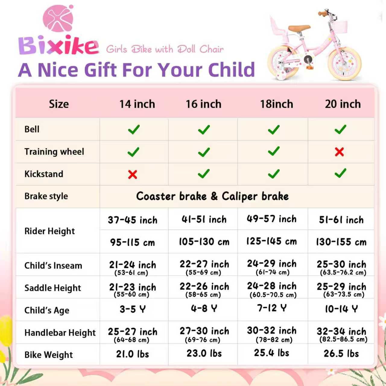 ACEGER 14 Inch Girls Bike with Basket, Training Wheels, Doll Seat, Purple Kids Bicycle for Ages 3-5
