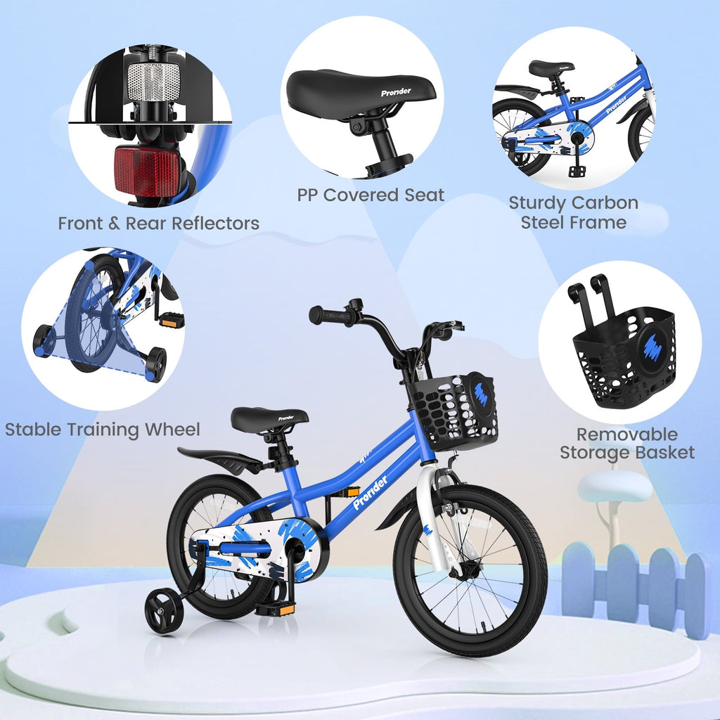 Costway 14'' Kid's Bike with Removable Training Wheels & Basket for 3-5 Years Old Blue