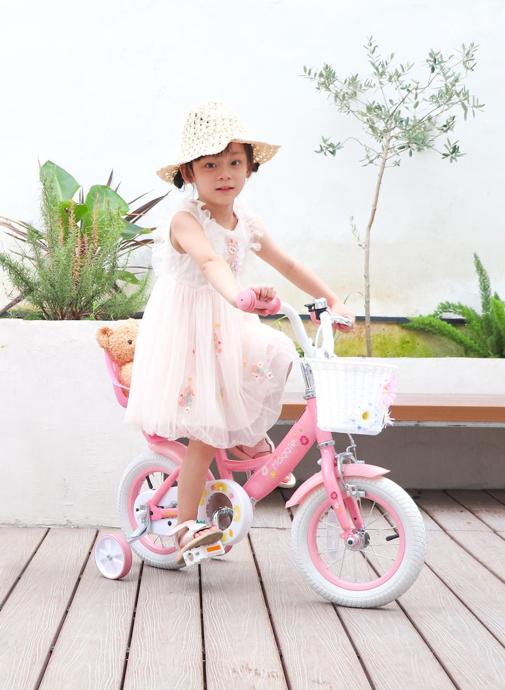 Glerc Maggie 14 inch Kids Girls Bike for Ages 3-5 Years Old Children, Princess Style Kids Bicycle with Doll-Seat & Basket & Training Wheels, Pink