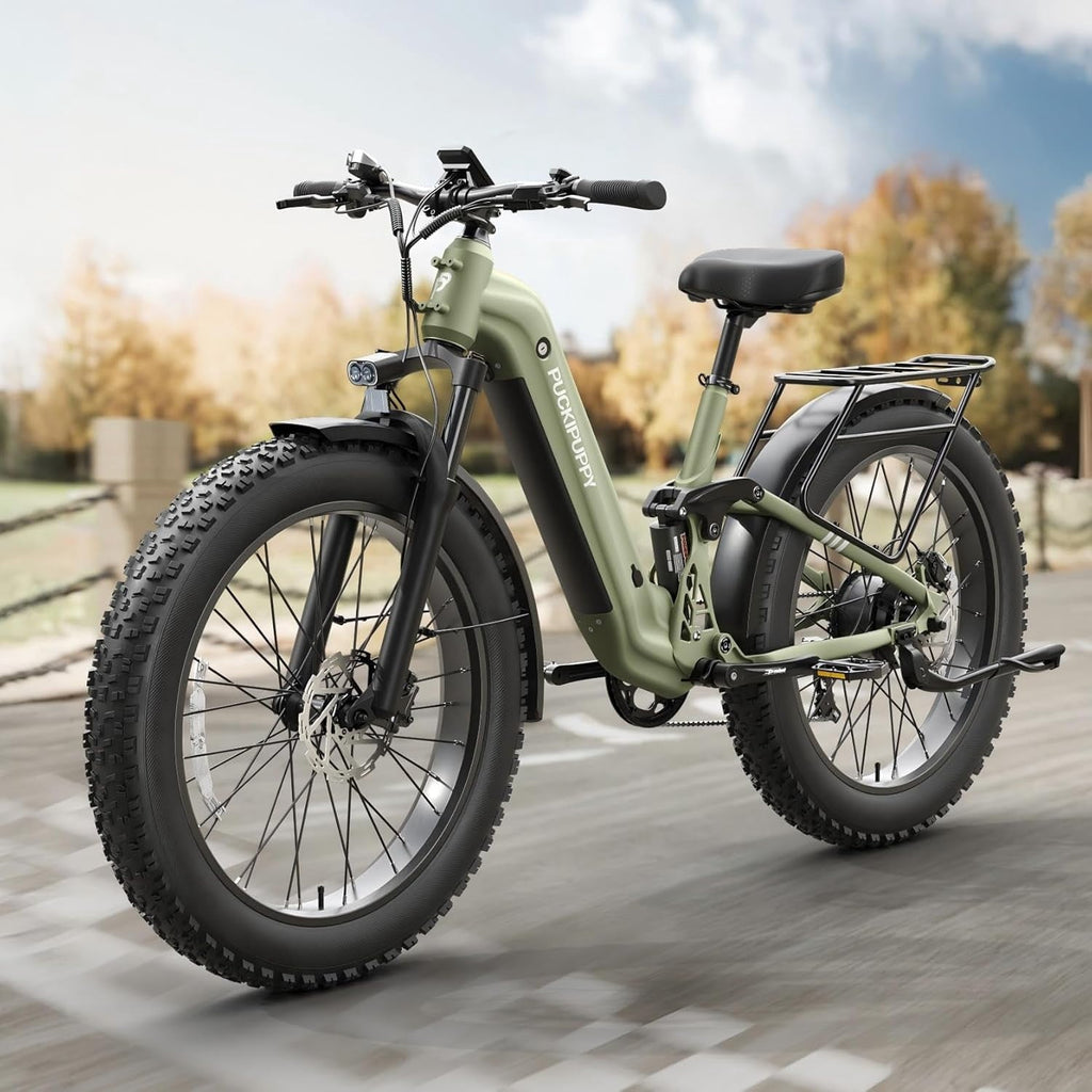 PUCKIPUPPY Electric Bikes for Adults 26 Step-Thru Ebikes 960W Peak Motor 80Miles Range 28mph Max Speed 48V 20AH Battery Full Suspension Fat Tire Mountain E Bike 7 Speed, Comply with UL2849 By SGS