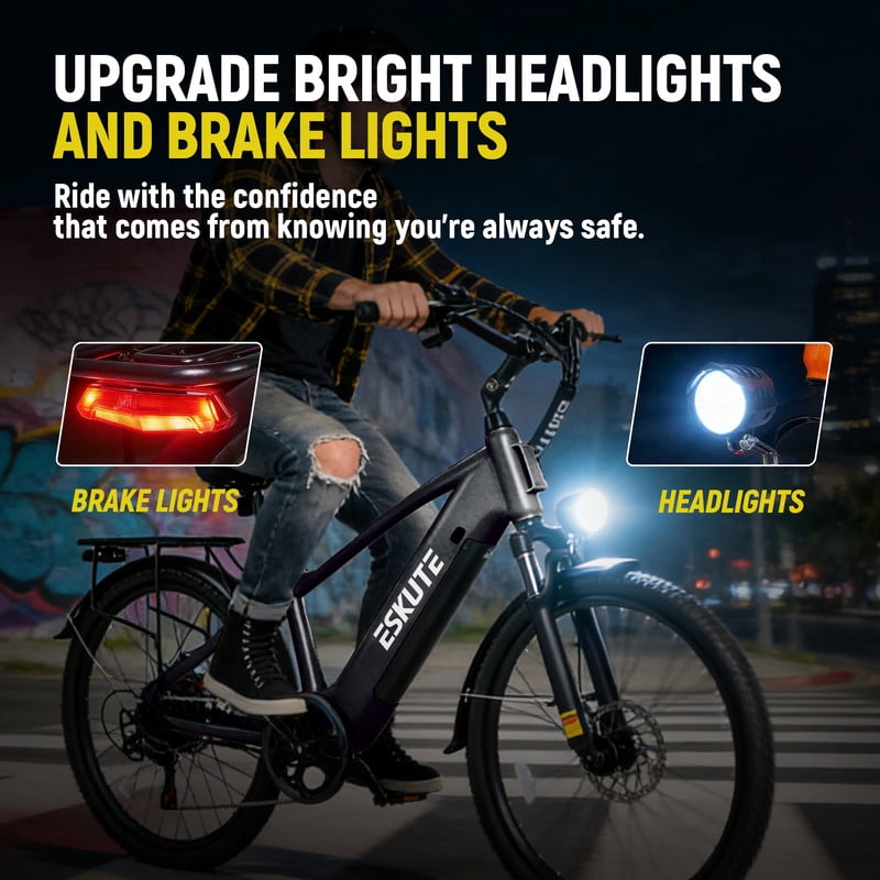 ESKUTE C200 70-Mile Electric Bike for Adults with 840Wh Removable Battery, 1300W Peak Power Ebike, Up to 28MPH Speed, 26 Tires, 7-Speed Adjustable Stem Step-Over E-Bicycle,Orange, UL2849