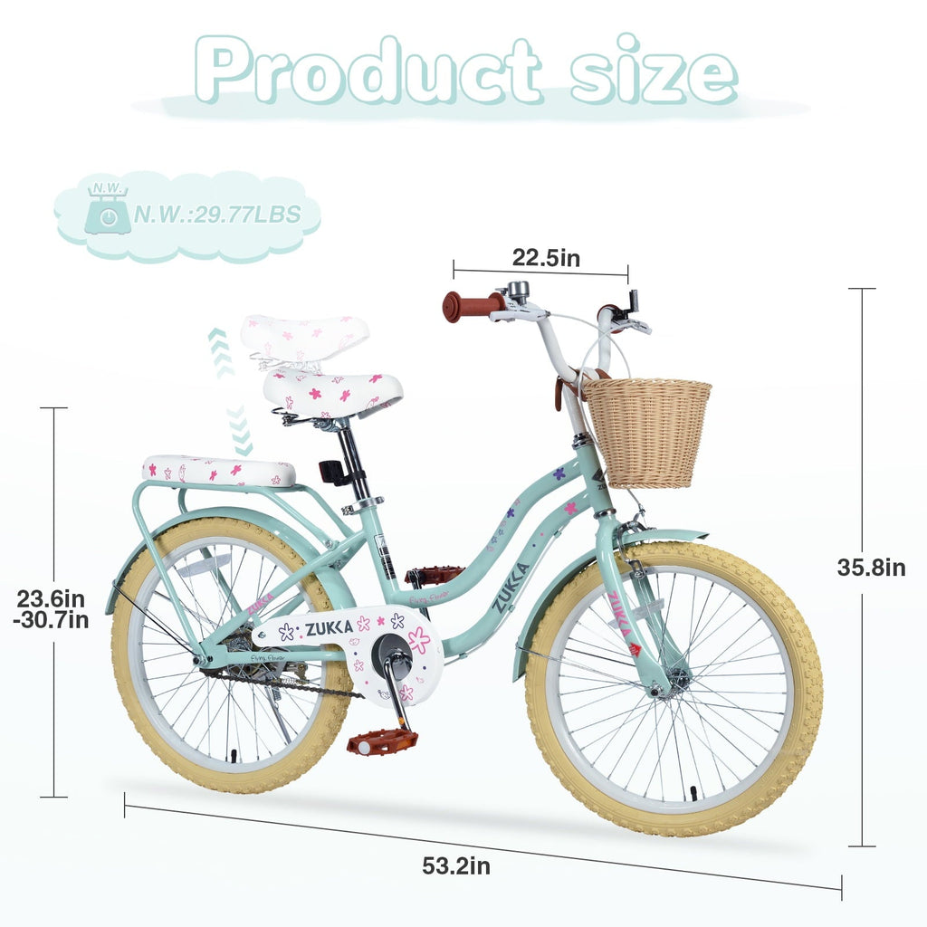 Dolonm 20 Kids Bike for Ages 7-10, Lightweight High-Carbon Steel Frame Cruiser Bicycle, Girls Bike with Wicker Basket, Rear Seat Rack, No Training Wheels, Pink