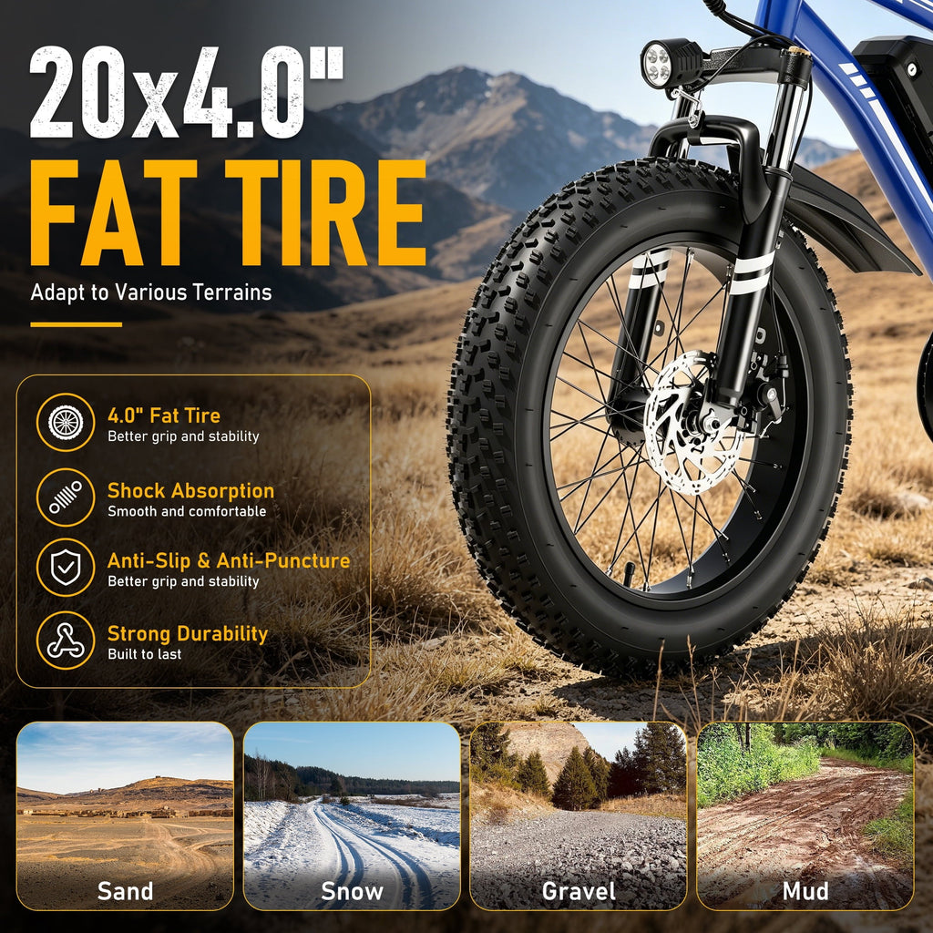 AMYET 1000W Electric Bike, 20 Fat Tire Ebike 28MPH 48V 15Ah E-Mountain Bicycles UL2849 Black