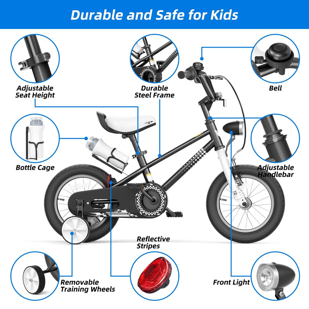 GLAF 12 14 16 Inch Boys Bike with Training Wheels & Water Bottle Holder, for Kids Ages 2-7 Years, Durable Construction, Green