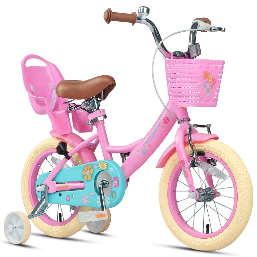 Glerc Maggie 14 inch Kids Girls Bike for Ages 3-5 Years Old Children, Princess Style Kids Bicycle with Doll-Seat & Basket & Training Wheels, Pink