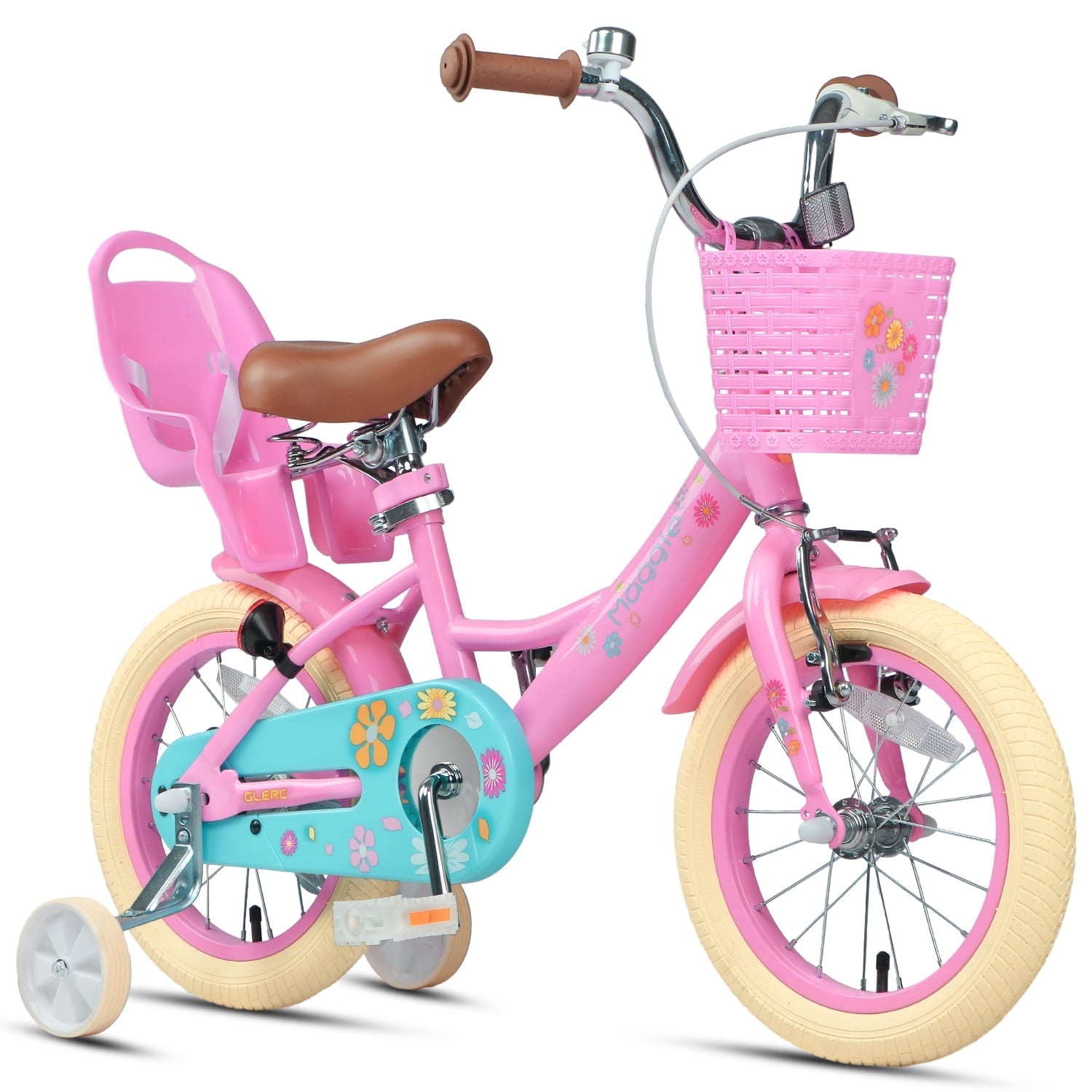 Glerc Maggie 14 inch Kids Girls Bike for Ages 3-5 Years Old Children, Princess Style Kids Bicycle with Doll-Seat & Basket & Training Wheels, Pink
