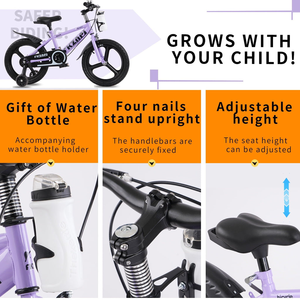 Holaki 18 inch Kids Bike with Training Wheels & Handbrake for Boys & Girls Ages 5-9, High Carbon Steel Frame Adjustable Seat Kids Bicycle with Kettle Stand & Night Glow for Birthday Gift, Purple