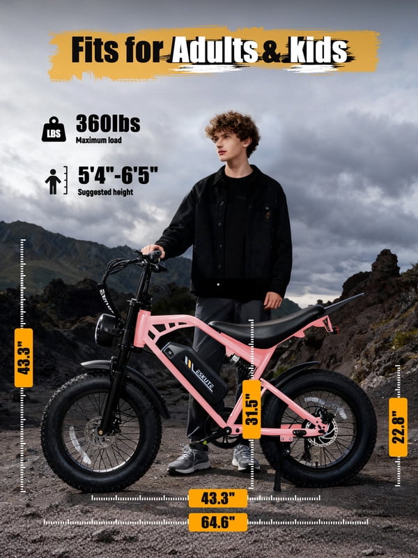 ESKUTE Electric Bike for Adults & Teens, 29MPH, 80 Miles Range, 48V 20.8Ah Battery, 20 x 4.0 Fat Tire, Dual Suspension, 7-Speed Off-Road Ebike Orange, UL2849