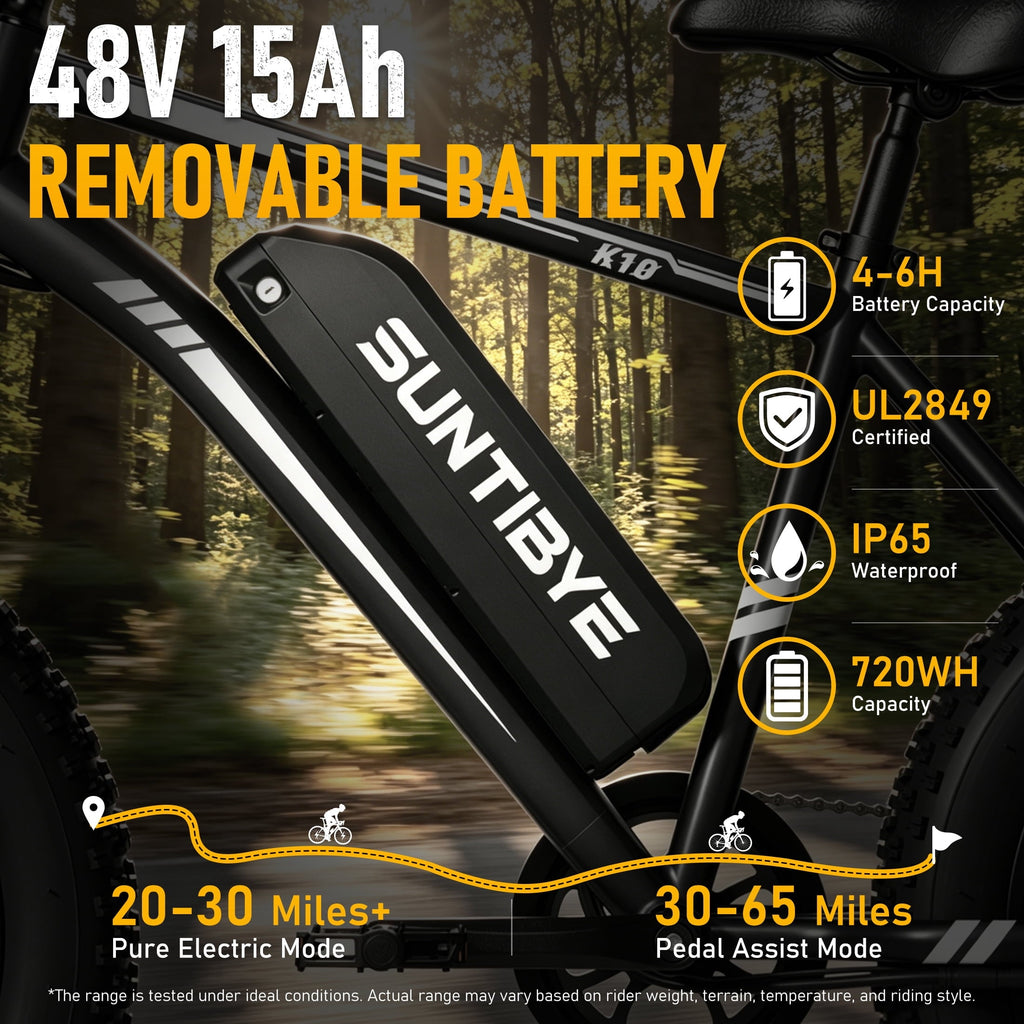 SUNTIBYE K10 Electric Bike 1000W, 48V 15Ah, 20 Fat Tire Ebike, 28MPH, E-Mountain Bike UL2849,Black