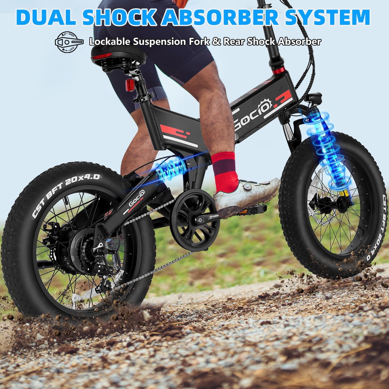 Gocio Foldable Electric Bikes Adult 20x4 Fat Tire Electric Bike, 48V 10.4Ah, 500W Electric Mountain Bike Full Suspension, LCD, Shimano 7 Speed Electric Cruiser Bicycle UL2849 Certified