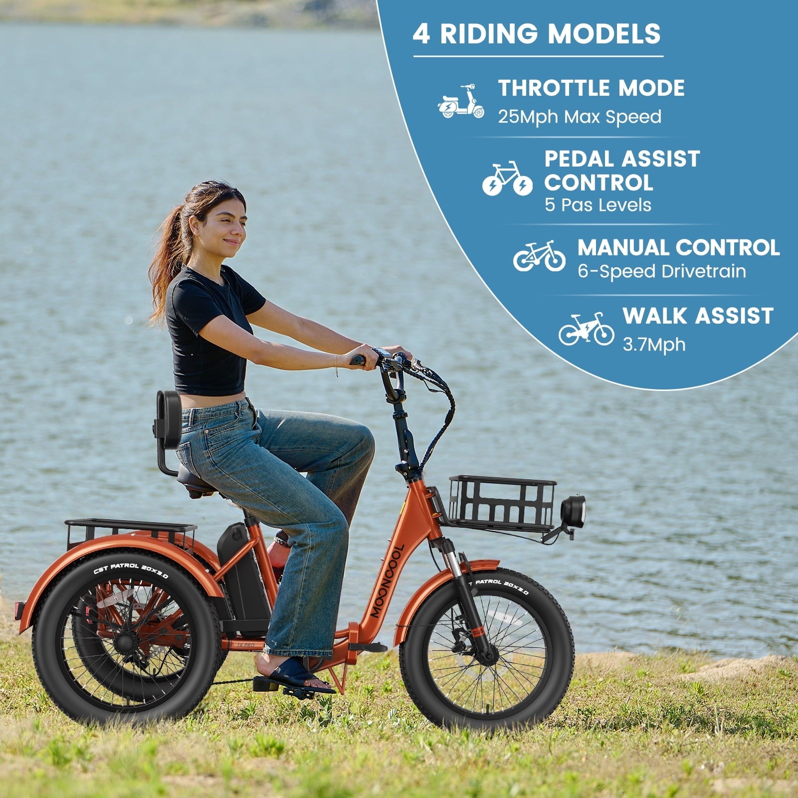 MOONCOOL TK Pro Foldable Electric Tricycle W/ Rearview mirror accessory Kit, 1500W Motor 48V 20Ah Battery, 20 Fat Tire Three Wheel 6-Speed Electric Mountain Bicycle for Adults