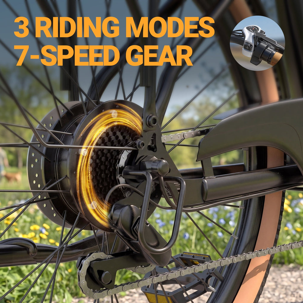 HQYEX HQ26 Electric Bike, 26 Inch Tire 1500W Powerful Brushless Motor Ebike, 48V 11AH Removable Rechargeable Battery, 7-Speed Gear Shift Electric Bicycle, Comfortable City Commuter E Bike for Adults